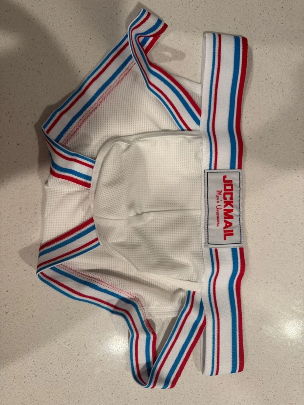 White Mesh Athletic Jockstrap with Red & Blue Striped Waistband